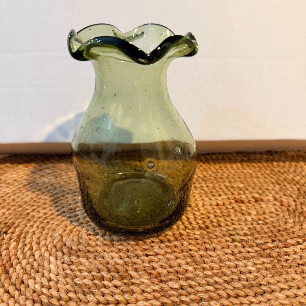 Vintage Hand Blown Olive Green Art Glass Vase Ruffled Rim Pontil 5" MCM